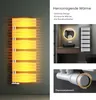 A collage of images showing a yellow illuminated towel radiator, a modern bathroom with a white towel radiator, and a close-up of a thermostat valve. Produktbild-Vorschau