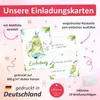 A product image showcasing invitation cards with a jungle theme, featuring a crocodile illustration. The image highlights features like matte foil finish, pre-printed back, and German printing. Produktbild-Vorschau