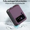 A purple flip phone case is shown falling onto a cracked surface, with text overlay indicating fall protection. Produktbild-Vorschau