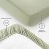 A close-up view of a green fitted sheet, showing its elastic edge and a diagram illustrating its features. Produktbild-Vorschau