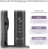 Close-up of a sonic toothbrush with mode and intensity level indicators, alongside descriptive text boxes detailing its features. Produktbild-Vorschau