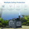 A submersible DC water pump is shown in an aquarium setting, with text highlighting its safety features. Náhled obrázku produktu