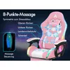 A pink gaming chair with LED lighting and massage features, with text and diagrams highlighting its functions. Podgląd zdjęcia produktu