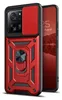 A red and black phone case with a camera cover and ring stand is shown next to a smartphone. Produktbild-Vorschau