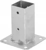 A silver metal post anchor with a square opening and a flat base with four holes. Produktbild-Vorschau
