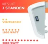 A marketing image for a bathroom heater, showing its different settings and power levels. Náhled obrázku produktu