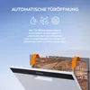 A close-up view of an open dishwasher with text overlay describing its automatic door opening feature. Produktbild-Vorschau