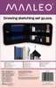 The image shows the packaging of a 32-piece drawing and sketching set. The set includes various pencils, blending stumps, and other drawing tools, all neatly organized within a black zippered case. Below the case, a separate arrangement of some of the incl Produktbild-Vorschau