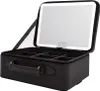 A black makeup case with a built-in LED mirror is open, showing its internal compartments. Produktbild-Vorschau