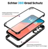 A 360-degree phone case is shown in an exploded view, with the front cover, phone, and back cover separated. Produktbild-Vorschau