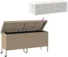 A beige poly rattan storage box with its lid open, shown with a stack of white cushions above it. Náhled obrázku produktu