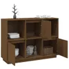 A brown wooden sideboard with multiple open and closed compartments, containing dishes, glasses, and a basket. Náhled obrázku produktu