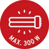 A red circular icon with a white outline of a fluorescent light bulb and radiating lines, along with text indicating maximum wattage. Produktbild-Vorschau