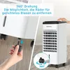 A split image showing a close-up of a hand attaching a wheel to a white air cooler on the left, and a full view of the air cooler on the right, with a circular graphic indicating 360-degree rotation. Produktbild-Vorschau