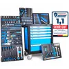 A collection of toolboxes and tools, including a rolling toolbox, arranged for display. Produktbild-Vorschau