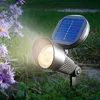 A solar-powered spotlight illuminates flowers in a garden at dusk. Produktbild-Vorschau