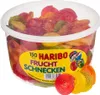 A clear plastic tub filled with colorful gummy candies. Produktbild-Vorschau