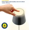 A hand touching a lamp, with text and a circular graphic explaining its features. Produktbild-Vorschau
