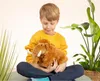 A young boy is sitting cross-legged, holding a stuffed mammoth toy. He is wearing a yellow sweatshirt and blue pants. There are plants in the background. Voir les images du produit