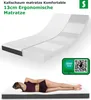 A mattress is shown from a diagonal angle, with a person lying on it in the lower part of the image. There is also a certification logo and text. Produktbild-Vorschau