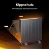 A diagram illustrating the anti-tip feature of an electric heater, showing its tilt angle and safety shut-off. Produktbild-Vorschau