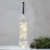 A clear glass bottle filled with warm white LED string lights, with a silver cap, sits on a white surface. A sprig of pine needles and pinecones is to the right of the bottle. Produktbild-Vorschau