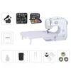 A collage of images showing a mini sewing machine and its accessories. Produktbild-Vorschau