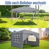 Two images of a gray pop-up gazebo in different settings. The top image shows it in a garden with a table and chairs. The bottom image shows it in a park-like setting with city buildings in the background. Náhled obrázku produktu