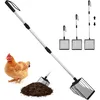 A chicken and a pile of dirt are shown next to a metal litter scoop with an extendable handle. Produktbild-Vorschau