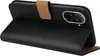 A black flip case for a smartphone is shown open, revealing the inside and the phone's camera module. Produktbild-Vorschau