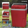 A red cooler box displayed in a natural outdoor setting with grass and flowers. The image includes close-up insets showing details of the cooler. Produktbild-Vorschau