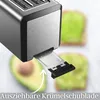 Close-up of a toaster with a crumb tray pulled out, with avocado toast in the background. Podgląd zdjęcia produktu