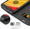 A close-up view of a black phone case with a phone inside, showing a credit card slot and text overlays. Náhľad obrázku produktu