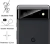 A close-up of the back of a Google Pixel phone with a screen protector and camera protector shown on the left side with feature callouts. Produktbild-Vorschau