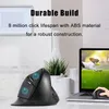A vertical mouse is shown on a desk next to a laptop displaying a dog running on grass. Text overlays describe the product's durability. Produktbild-Vorschau