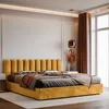 A modern bedroom with a yellow upholstered bed and draped curtains. Anteprima dell’immagine prodotto