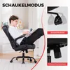 A man is sitting in a black gaming chair, reading a magazine with his legs propped up. The image also includes close-ups of the chair's features. Produktbild-Vorschau