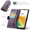 A purple leather wallet-style phone case is shown open, displaying card slots and a phone screen. Produktbild-Vorschau