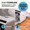 A split image showing a compact dishwasher with text overlays highlighting its features and usage. Produktbild-Vorschau