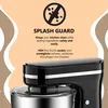 A close-up of a black kitchen mixer with text describing its splash guard feature. Produktbild-Vorschau