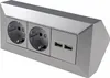 A silver-colored power strip with two standard electrical outlets and two USB ports, shown at an angle against a white background. Anteprima dell’immagine prodotto