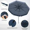 A navy blue LED patio umbrella is shown from a top-down perspective, with close-up insets highlighting its features. Produktbild-Vorschau