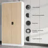 A metal cabinet with wood-effect doors, shown with feature callouts. Voir les images du produit