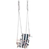 A child's swing with a striped fabric seat and wooden frame, suspended by chains. Produktbild-Vorschau
