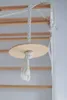 A close-up shot of a wooden disc swing attached to a rope, hanging from a wooden structure. Voir les images du produit