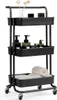 A black three-tiered rolling cart filled with bathroom or kitchen items. Anteprima dell’immagine prodotto