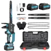 A collection of items for a mini chainsaw kit, including the chainsaw, batteries, charger, safety gear, and carrying case. Produktbild-Vorschau