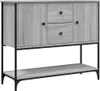 A front view of a gray sideboard with black metal legs and frame, featuring two doors and two drawers, set against a white background. Náhľad obrázku produktu