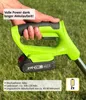 A hand holding a green and black battery-powered trimmer with a battery attached. Produktbild-Vorschau