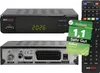 A black satellite receiver and its remote control are shown, along with a promotional badge. Produktbild-Vorschau